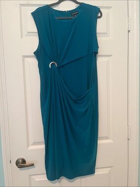 Nina Leonard Teal Ring-Detail Sleeveless Midi Dress